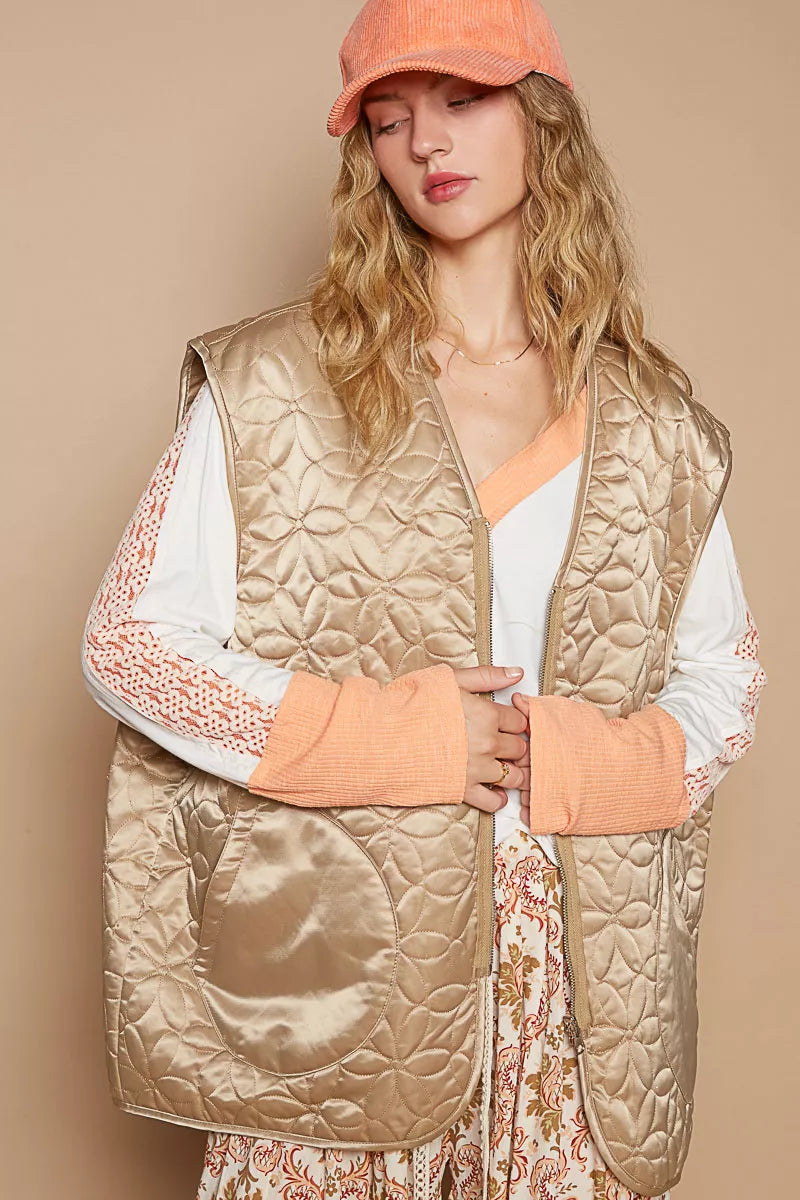 POL Front Zipper Floral Pattern Quilted Vest Coat with Front Pockets