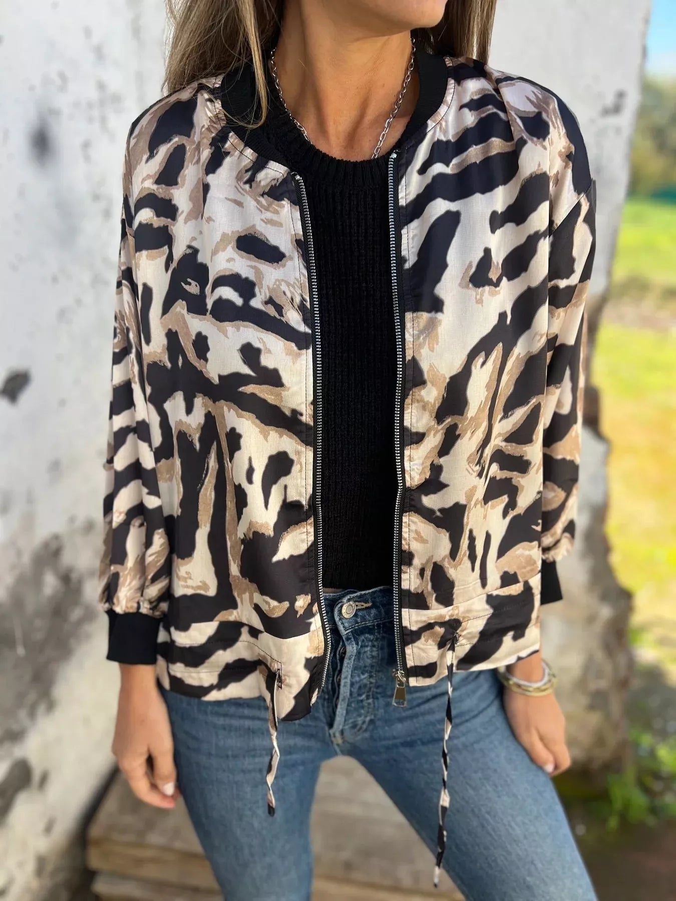 Full Size Zip Up Zebra Print Bomber Jacket Plus Size